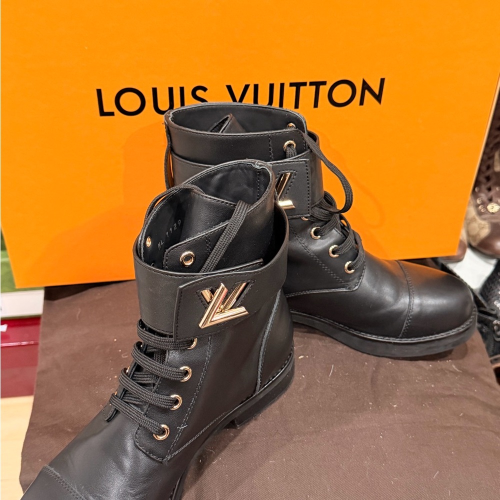 Louis Vuitton Black Boots with Gold Logo